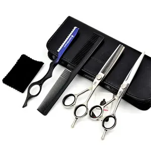 Kit rambut tukang cukur, 4 buah logo khusus gunting pemotong rambut tajam profesional dengan pisau cukur tukang cukur lurus & Kit sisir