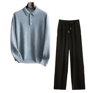 Pull-over polo en maille douce décontracté pour homme, à capuche, 100% coton, coupe-vent, extensible dans les quatre sens, pantalon taille haute, uni, hiver - Product Image 2