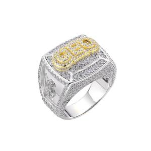 Men's 925 Silver <b>Gold</b> Plated Princess Cut Zircon Pave Geometric Letter <b>Cocktail</b> <b>Ring</b> Hip Hop Style Everyday Wear - Product Image 3