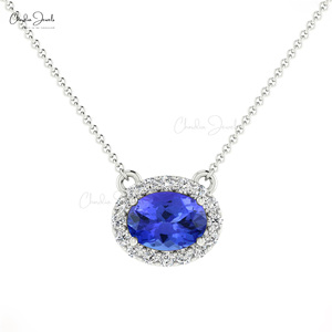 Trending Hot Products Natural 7x5mm Oval Cut Tanzanite & Diamond Halo Necklace 14k Solid Gold Wedding Necklace Set For Bridal - Product Image 3