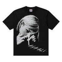 T-shirt noir à manches courtes pour homme, imprimé photo, col rond, coupe ample, style streetwear, 100 % coton jersey 180g, logo lettre sur le devant