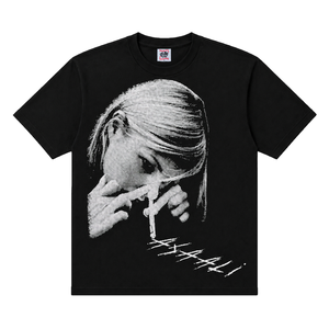 T-shirt noir à manches courtes pour homme, imprimé photo, col rond, coupe ample, style streetwear, 100 % coton jersey 180g, logo lettre sur le devant - Product Image 1