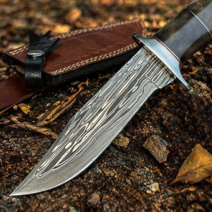 Handmade Camping <b>Knife</b> with Drop Point Blade and Straight Edge in Damascus Steel <b>Bone</b> <b>Handle</b> with Leather Sheath - Product Image 3