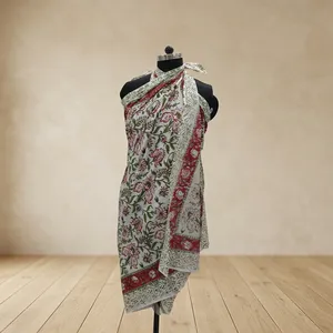 White Floral Hand Block Printed Cotton <b>Saree</b> with <b>Red</b> Border Green Leaf Motifs Traditional Ethnic Wear for Women Styling - Product Image 3
