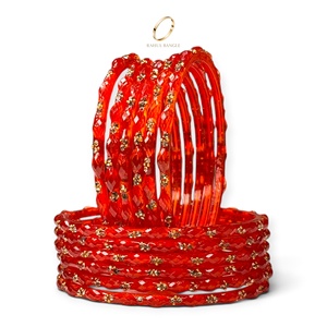 Ensemble de bracelets en verre orange goutte de pluie de l'État du Cachemire, plaqués or et ornés de cristaux étincelants, pour femmes, collection de bijoux de mariage indiens - Product Image 3
