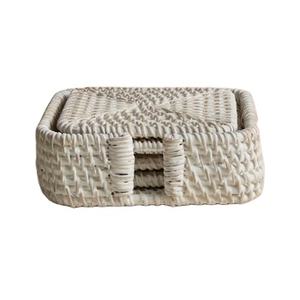 Ensemble de dessous-de-verre carrés en rotin blanc avec support de rangement, tapis à boissons tissés écologiques pour table basse et décoration de table - Product Image 1