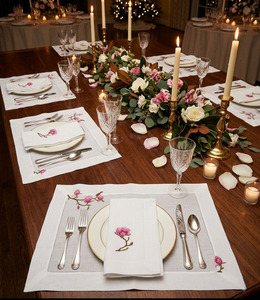 Custom Luxury Washable Handmade Embroidery Pink Magnolia <b>Placemats</b> Napkins Sets Hemstitch White Linen Home Wedding Events - Product Image 3