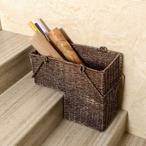 Handmade 14\" L-Shaped <b>Wicker</b> Staircase Organizer with <b>Handles</b> Elegant Storage <b>Basket</b> - Product Image 1