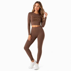 Ensemble de yoga 2 pièces pour femme, imprimé léopard, haut court à manches longues, leggings longs, respirant, extensible, ensemble de vêtements de sport et de détente - Product Image 2