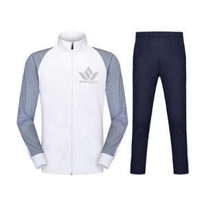 <b>Men's</b> <b>White</b> Navy Tracksuit Set Full Zip Stand Collar <b>Jacket</b> with Mesh Panel Sleeves and Jogger Pants Quick Dry Sportswear - Product Image 1