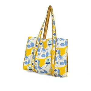 Bolso Tote Acolchado de Algodón con Estampado Tropical Turquesa, Estilo Bohemio, Bolso de Compras de Verano, Diseño Abierto - Product Image 3