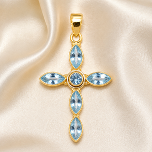 Colgante de Cruz de Plata de Ley 925 con Topacio Azul, Joyería Cristiana Hecha a Mano, Chapado en Oro Rosa de 18K y Oro Amarillo, Regalo para Mujer - Product Image 1