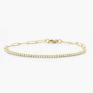 สร้อยข้อมือแบบหนีบกระดาษประดับเพชร ตัวล็อคแบบก้ามปู ทองคำแท้ 14K ทรงกลม เจียระไนแบบกลม เพชรเพาะเลี้ยง ขนาด 7 นิ้ว แบบซ้อนได้ ปรับขนาดได้ เครื่องประดับชั้นดี - Product Image 1
