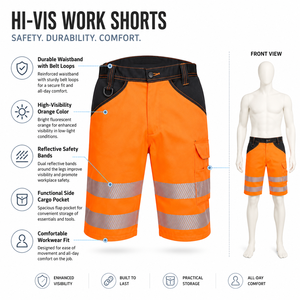 Pantalones cortos de trabajo reflectantes personalizados en naranja fluorescente, negro y plateado para hombre, con múltiples bolsillos, duraderos, ropa de trabajo de verano, pantalones cortos de alta visibilidad. - Product Image 5