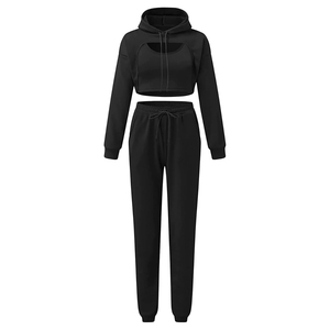 Women Tracksuits 2 Piece Outfit Long Sleeve Hoodie <b>Cropped</b> <b>Tops</b> And Jogger Pants, Workout Black Women Crop <b>Tops</b> Tracksuits - Product Image 1