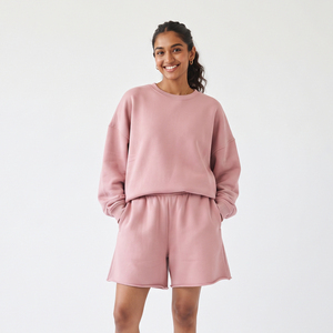 Ensemble deux pièces en molleton de coton pour femmes, sweat-shirt et short amples, vêtements de sport décontractés, streetwear, ensemble confortable et tendance - Product Image 1