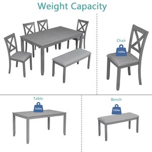 Set da Pranzo 6 Pezzi: Tavolo Rettangolare in Legno con 4 Sedie Imbottite e Panca per 6 Persone, Elegante Set per Sala da Pranzo - Product Image 5