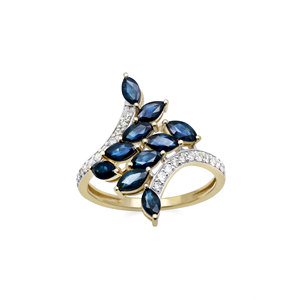 Bague en or jaune 14 carats avec saphir bleu naturel et diamant en forme de feuille pour femme |   Bijoux fins de coupe marquise, vente en gros, OEM, ODM - Product Image 1