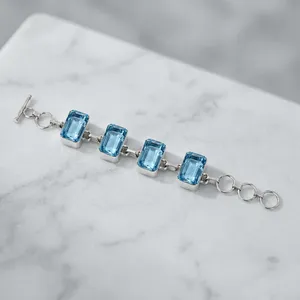 Blue Quartz 925 Sterling Silver <b>Bracelet</b> | Emerald Cut Blue Quartz Link <b>Bracelet</b> | Handmade Gemstone <b>Bracelet</b> | Gift for Her - Product Image 2