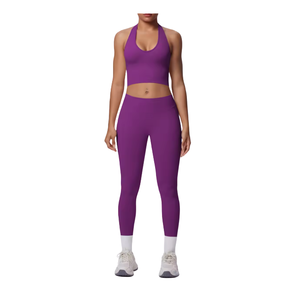 Nylon/Spandex Sweat-Wicking Breathable <b>Halter</b> Strap 2-Piece Solid Deep V Neck Women's Outdoor Yoga Workout Set High Waist - Product Image 3