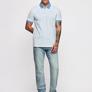 Camisa Polo de Manga Corta para Hombre, Estampado Geométrico Azul Claro, Algodón Oxford, Casual, Transpirable, Corte Regular - Product Image 4