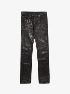 Jean en denim enduit pour homme, coupe slim, taille mi-haute, déchiré, couleur unie, en coton, décontracté, avec braguette boutonnée, grande taille, en tissu tissé - Product Image 1