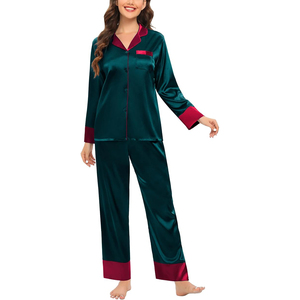 Women's Green Satin Pajama Set <b>Long</b> <b>Sleeve</b> Full Length Button Front Elegant Sleepwear Turn-down Collar 100% Polyester - Product Image 1