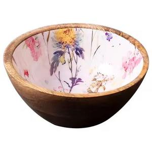 Handmade Enamel Print Resin Wooden Serving Bowl With <b>Black</b> Floral Design For Food Serving Gifting Kitchen Bowls Flatware Bowls - Product Image 3