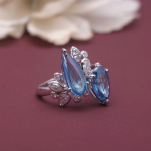 IGI Certified Blue Lab Grown Diamond Floral Cluster <b>Ring</b> in 9K White / Rose & Yellow <b>Gold</b> Pear- Marquise Diamond Statement <b>Ring</b> - Product Image 4