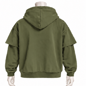 Sweat-shirt à capuche vert olive double couche, coupe oversize, manches superposées, épaules tombantes, épais, style streetwear décontracté - Product Image 2