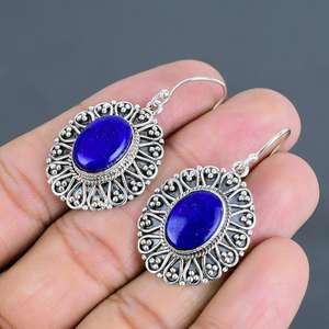 Pendientes de lapislázuli hechos a mano, joyería vintage de plata de ley con piedras preciosas, piedra natural colgante, regalo para ella - Product Image 5