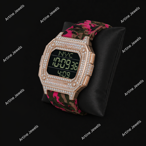Montre numérique en or rose avec diamants, bracelet rose, cadran carré, montre de luxe scintillante, style audacieux pour unisexe - Product Image 2