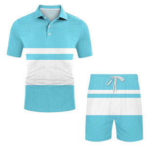 Conjunto de Verano de Alta Calidad para Hombre, Precio al por Mayor, Conjunto de 2 Piezas de Camiseta Polo y Pantalones Cortos Azul Cielo, Estilo Casual con Parches - Product Image 1