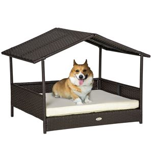 Cuccia per Cani in Vimini con Baldacchino in Rattan, Cuscino in PE Rattan, Design Rialzato per Uso Esterno - Product Image 1