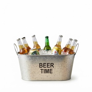 Bac à boissons galvanisé avec poignées en bois, seau à glace ovale pour bière, vin, champagne, refroidisseur de boissons en métal rustique pour fêtes - Product Image 3