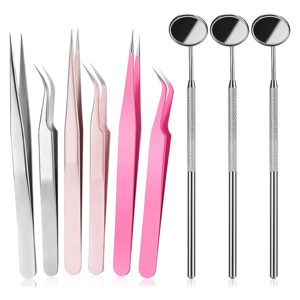 9 Piece Stainless Steel Eyelash Tweezers Set Straight Curved & Pointed Tips with Mirror Volume Lash <b>Tools</b> for Precision - Product Image 1