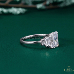 Exquisite <b>Custom</b> <b>Ring</b> Featuring Radiant Cut Center Diamond and Radiant Cut Baguette Side Stones D E Color Premium Fine Jewelry - Product Image 1