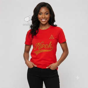 T-shirt pour femme NSPDK Sorority, col rond, manches courtes, en jersey de coton rouge et or, avec strass et motif lettres grecques - Product Image 5