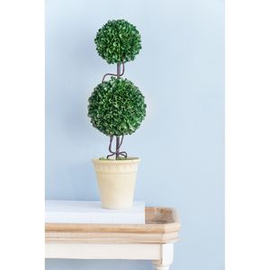 Vaso Crema D7x22"H con Sfera di Bosso Artificiale a Due Livelli, Piante e Fogliame Finti - Product Image 1