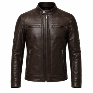 Veste de motard en cuir véritable marron pour homme, col montant, fermeture éclair, coupe classique, pour l'automne - Product Image 1