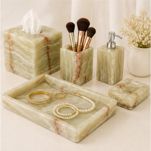 Ensemble d'accessoires de salle de bain en onyx vert naturel créatif, distributeur de savon, boîte à mouchoirs et plateau en marbre pour hôtels et villas, meilleur prix - Product Image 3