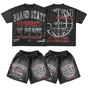 Conjunto de 2 Piezas de Verano para Hombre: Camiseta con Estampado y Pantalones Cortos, Estilo Vintage, Lavado Ácido, Diseño Urbano, Fabricación Personalizada - Product Image 1