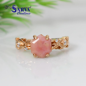 Bague en opale rose naturelle plaquée or rose, argent sterling 925, pierre précieuse hexagonale, moissanite, bijoux vintage pour femmes - Product Image 2
