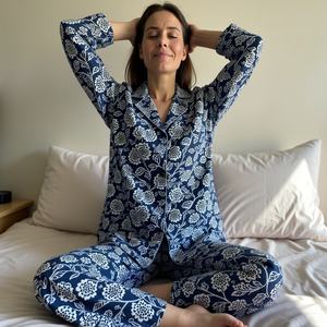 Ropa de uso diario Refined Comfort Soft Pants camisa de manga larga azul índigo Tradicional Piping made in India PJ set para mujer - Product Image 1