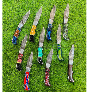 Cuchillo Plegable de Acero de Damasco con Mango de Madera Pakka y Funda de Cuero, ODM OEM, para Bolsillo, EDC, Caza, Camping, Grado Industrial - Product Image 1
