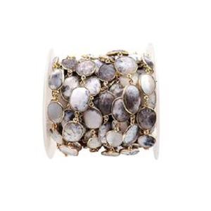 Conector de Bisel con Ópalo Dendrítico Chapado en Oro de 18K, Cadena de Plata de Ley, Ópalo Blanco, Cuarzo, Forma Redonda de Moneda - Product Image 4