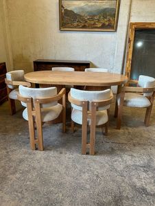 Juego de Mesa de Comedor Ovalada de Madera de Teca Minimalista, Silla Tapizada Moderna, Fabricante de Muebles de Indonesia - Product Image 2