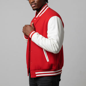 Blouson universitaire pour homme OEM ODM style streetwear, 100% coton molletonné, rouge et blanc, avec boutons, pour usage décontracté - Product Image 2