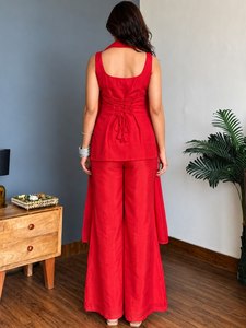 <b>Women</b> Red Embroidered <b>Kurta</b> Palazzo Dupatta Set Party Wear Indian Ethnic Suit - Product Image 4