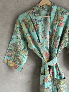 Robe Kimono en Coton Faite Main Imprimée Flocage/Estampage Bloc, Longue, Manches Longues, Col en V, Peignoir Femme Printemps-Été, Modèle Maaunique - Product Image 5